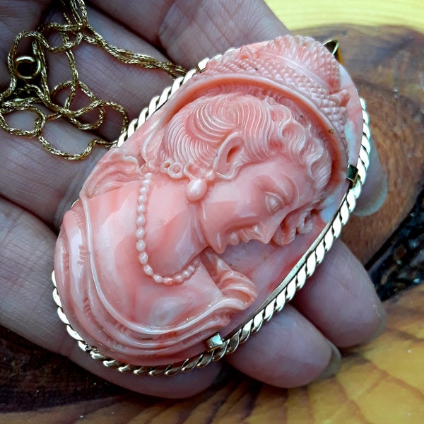 Victorian 14k Gold Salmon Coral Cameo  Brooch Pendant Fabulous One Of A Kind VIDEO AVAILABLE 47 Grams Price  Reduced