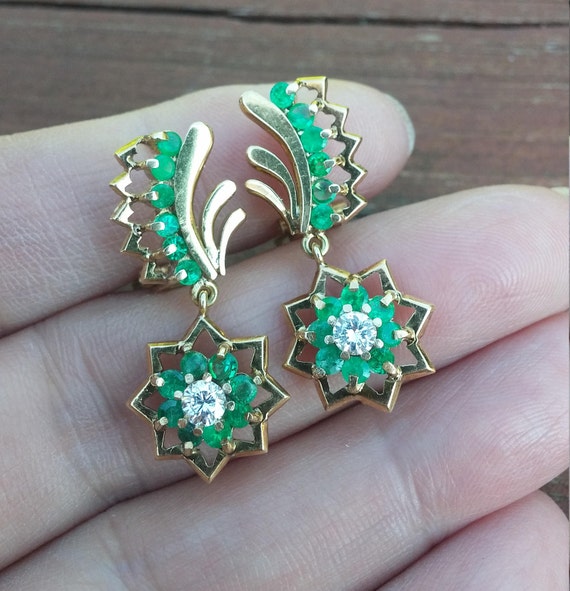 14k Gold Diamond Emerald Russian Dangle Earrings - image 3