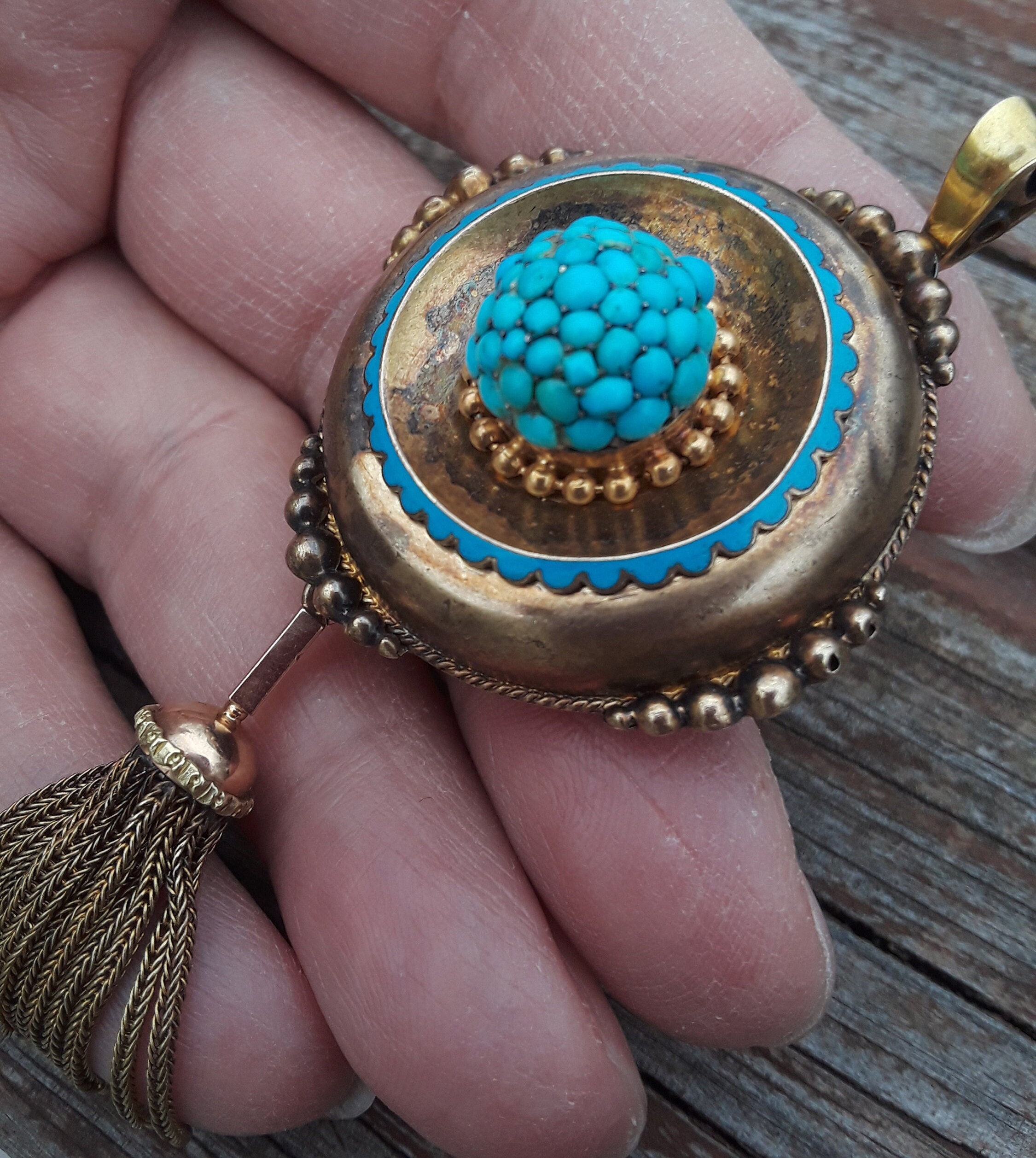 Victorian 10k Gold Turquoise Pave Seeds Tassel Blue Enamel Locket