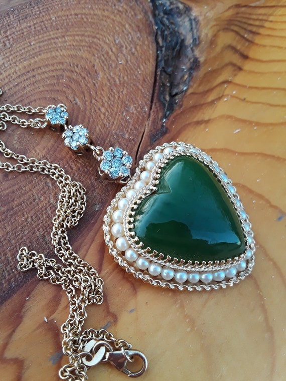 14k Gold Diamond Seed Pearl Jade Heart Pendant Wi… - image 4