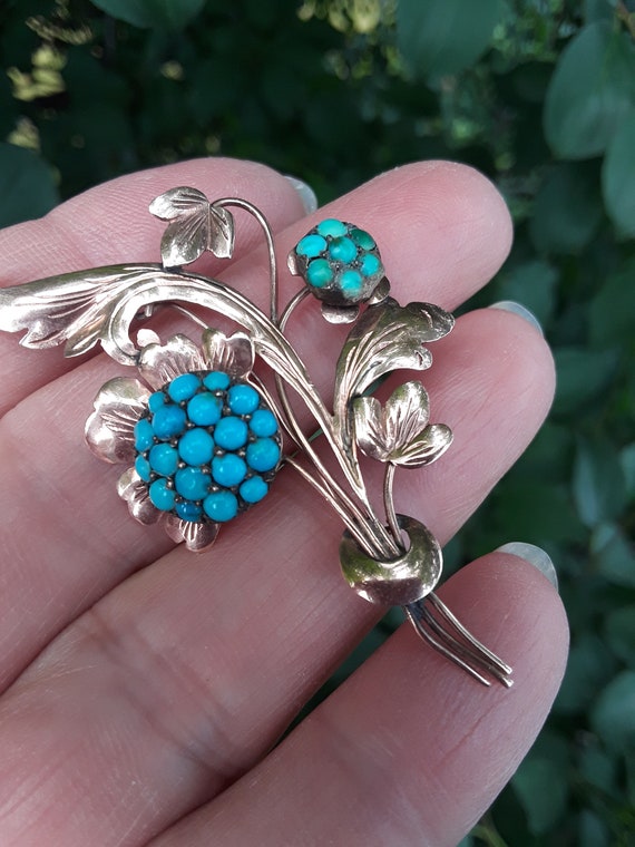 Victorian 9k Gold Turquoise Pave Flower Brooch Pin