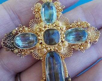 Georgian 22k Gold Cannetille  Aquamarine Cross Pendant  Brooch 17 Grams Unique Exclusive Museum Quality