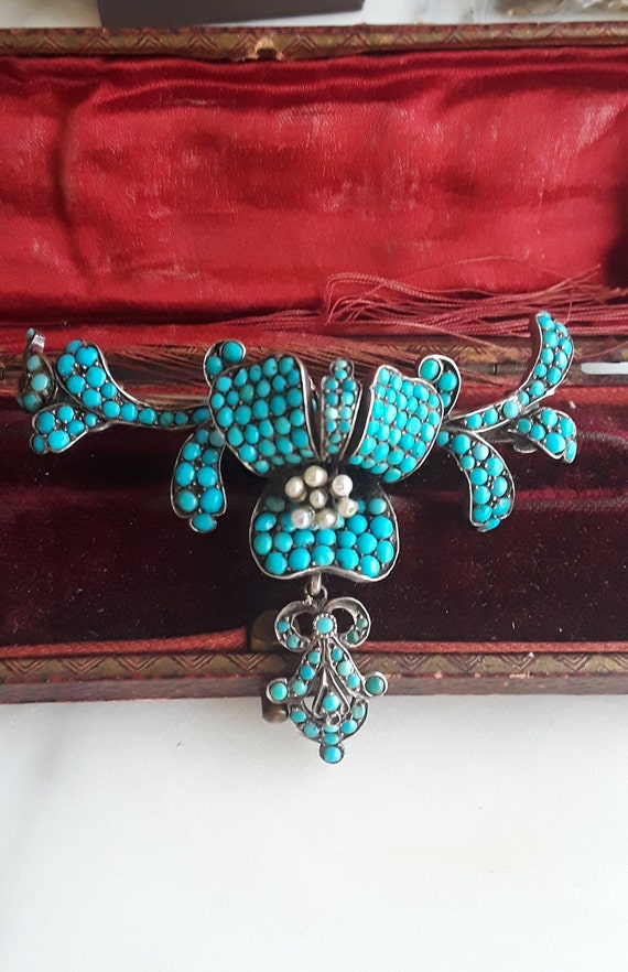 Georgian Silver Turquoise Pave Brooch Pin Fabulou… - image 4