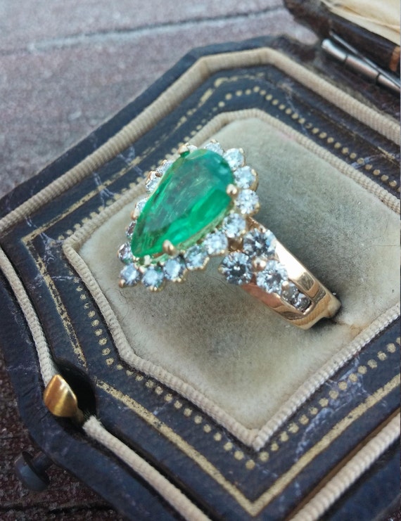14k Gold 3ct Pear Shaped Columbian Emerald Diamon… - image 9