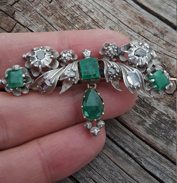 Georgian Emerald Rose Cut Diamond Brooch One Of A… - image 1