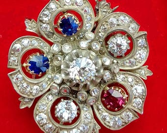 Georgian Old Mine Cut Diamond Ruby Blue Sapphires Brooch Pendant Exeptional Exclusive Museum Qualify One Of A Kind 13.8 Grams