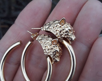 14k Gold Huge Leopard Heads Hoops Earrings Fabulous 12 Grams