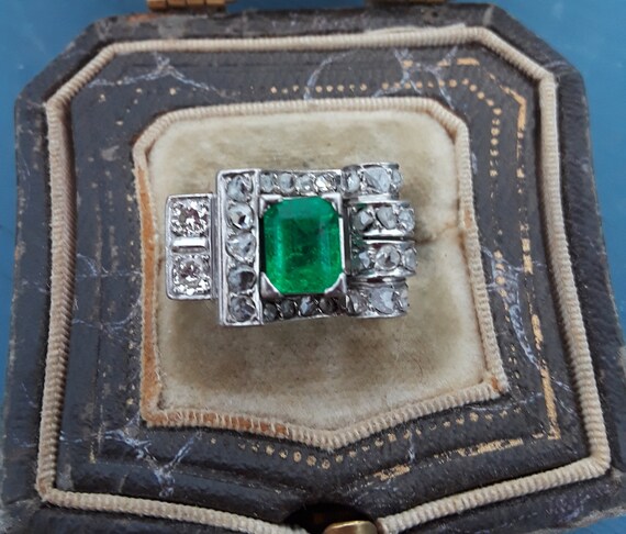 Palladium Rose Cut Diamond Natural Emerald Ring F… - image 1