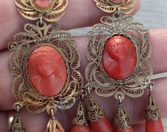 Antique Victorian 9k Gold Cannetille Red Coral Cameo Dangle Girandole Earrings Fabulous One Of A Kind Exclusive  Unique