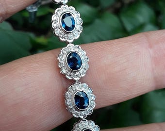 14k Gold 2.20ct Diamond 10ct Natural Blue Sapphire Tennis Link Bracelet 7.5 Inches Fabulous VIDEO AVAILABLE
