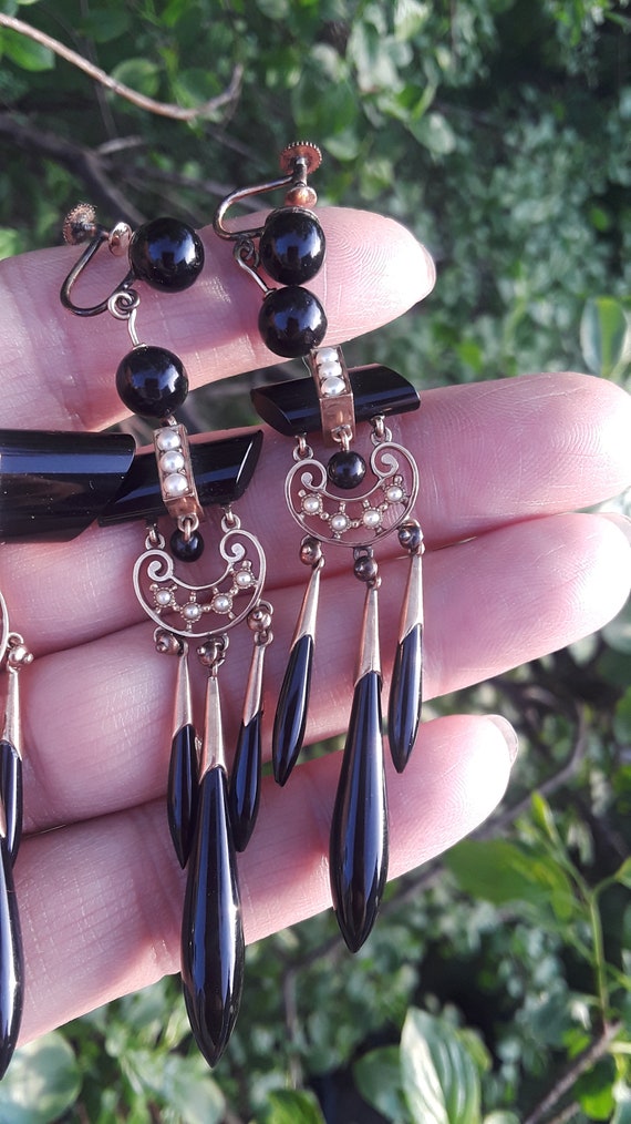 Victorian 14k Gold Black Onyx Seed Pearl Earrings… - image 3