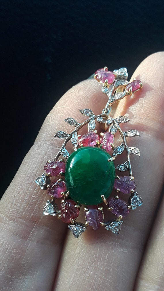Victorian 14k Gold Old Mine Cut Diamond Ruby Emerald Pendant | Etsy