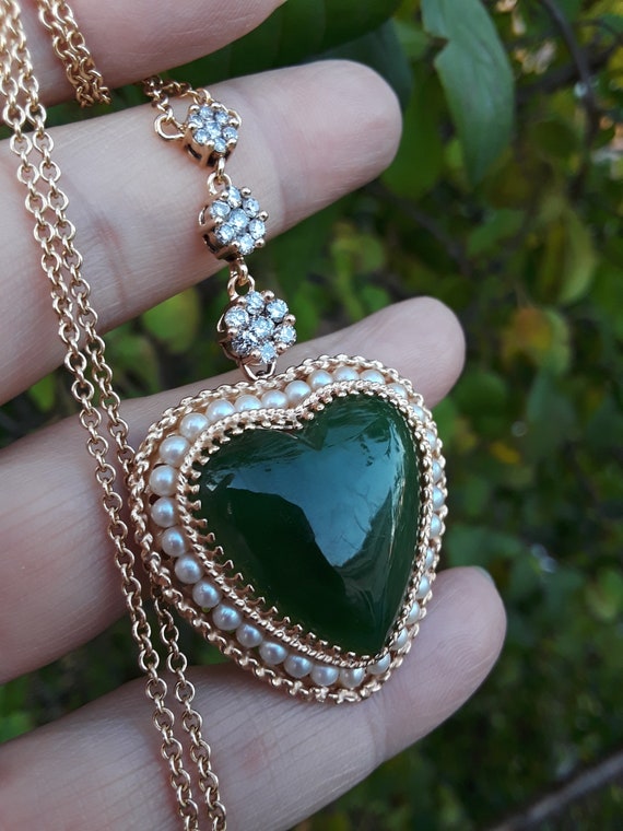 14k Gold Diamond Seed Pearl Jade Heart Pendant Wi… - image 6
