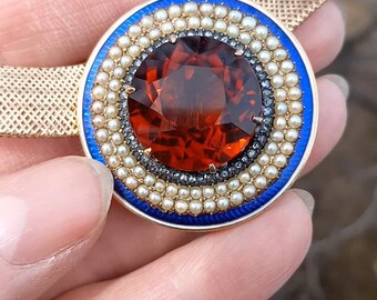 Victorian 9k Gold Rose Cut Diamond Madeira Citrine Seed Pearl Blue Enamel Brooch Pendant Fabulous 20 Grams One Of A Kind