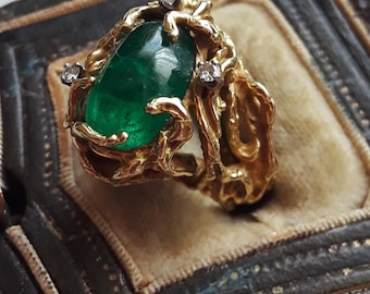 18k Gold  Emerald  Cabochon Diamond  Wedding Engagement Cocktail Statement Ring Fabulous Exclusive One Of A Kind 14 Grams