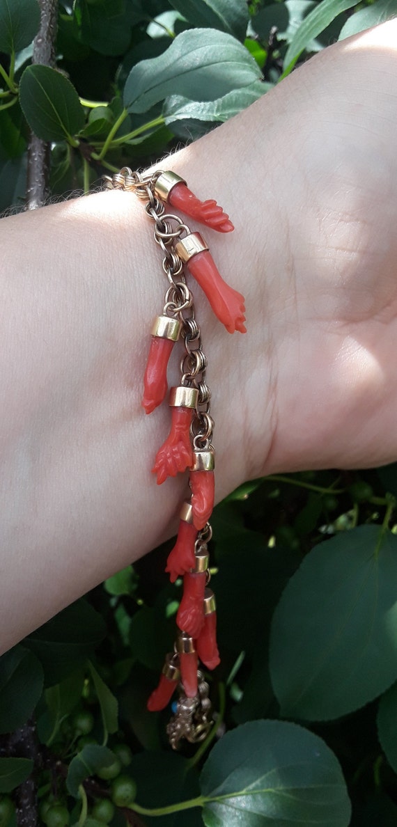 Victorian 14k Gold Red Coral Figa Charm Bracelet … - image 4