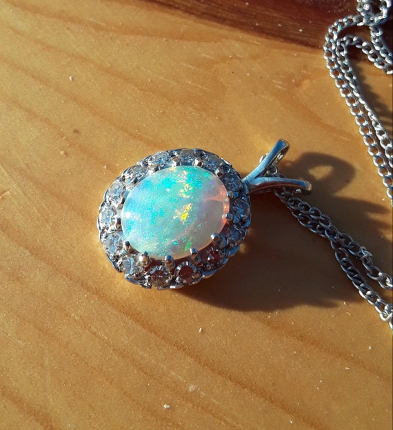 14k Gold Diamond Natural Opal Pendant With Chain … - image 3