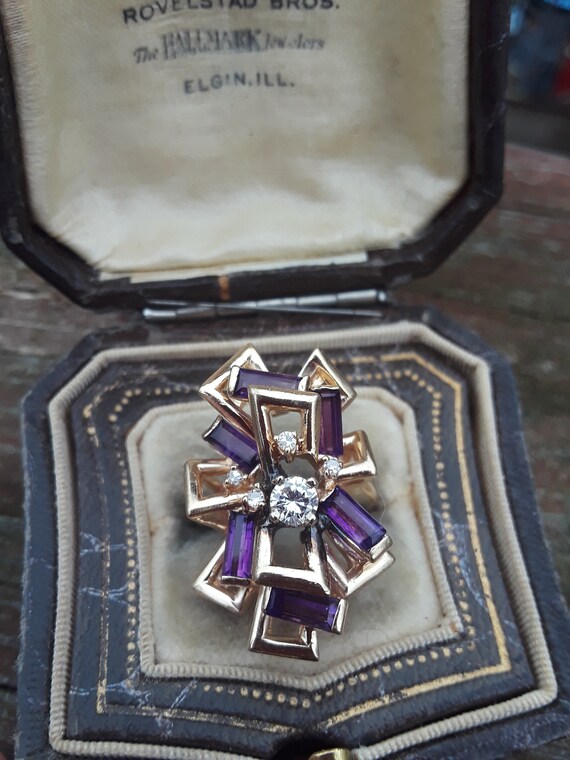 14k Gold Diamond Amethyst Modern Ring Wedding Eng… - image 10