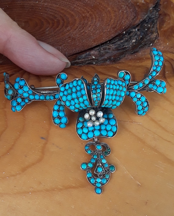 Georgian Silver Turquoise Pave Brooch Pin Fabulou… - image 5