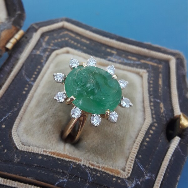 14k Gold Emerald Cameo Diamond Wedding Engagement Cocktail Statement Ring Exemption One Of A Kind