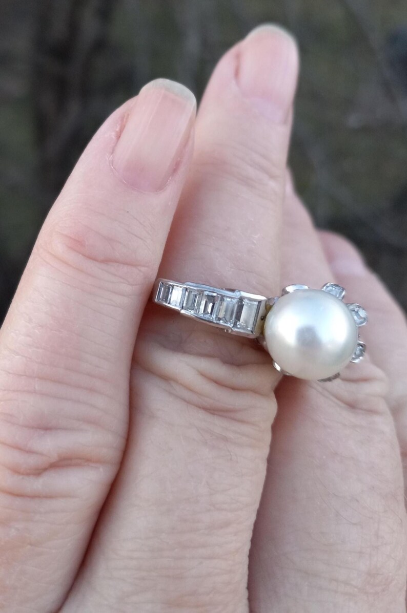14k Gold Diamond Pearl Floral Design Wedding Engagement Cocktail Ring One Of A Kind zdjęcie 7
