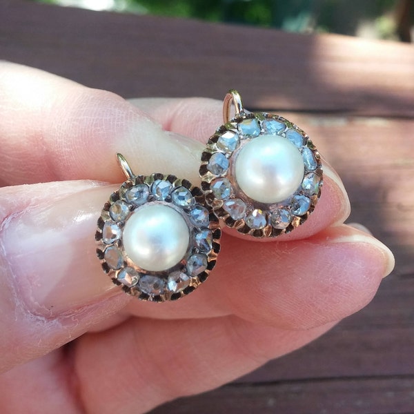 Georgian Rose Cut Diamond Pearl Earrings Fabulous