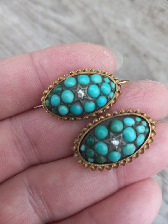 Victorian 15k Gold Diamond Turquoise Pave Earring… - image 6