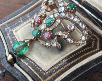 Georgian 14k Gold 2ct Rose Cut Diamond Colombian Emerald Ruby Pendant Necklace Museum Quality Exeptional One Of A Kind