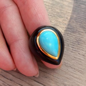 10k Gold Black Onyx Pear Shaped Sleeping Beauty Turquoise Ring Fabulous