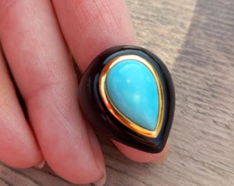 10k Gold Black Onyx Pear Shaped Sleeping Beauty Turquoise Ring Fabulous