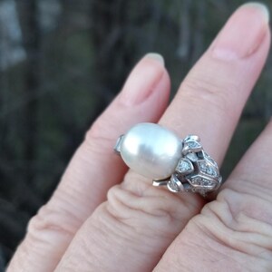 14k Gold Diamond Pearl Floral Design Wedding Engagement Cocktail Ring One Of A Kind zdjęcie 8