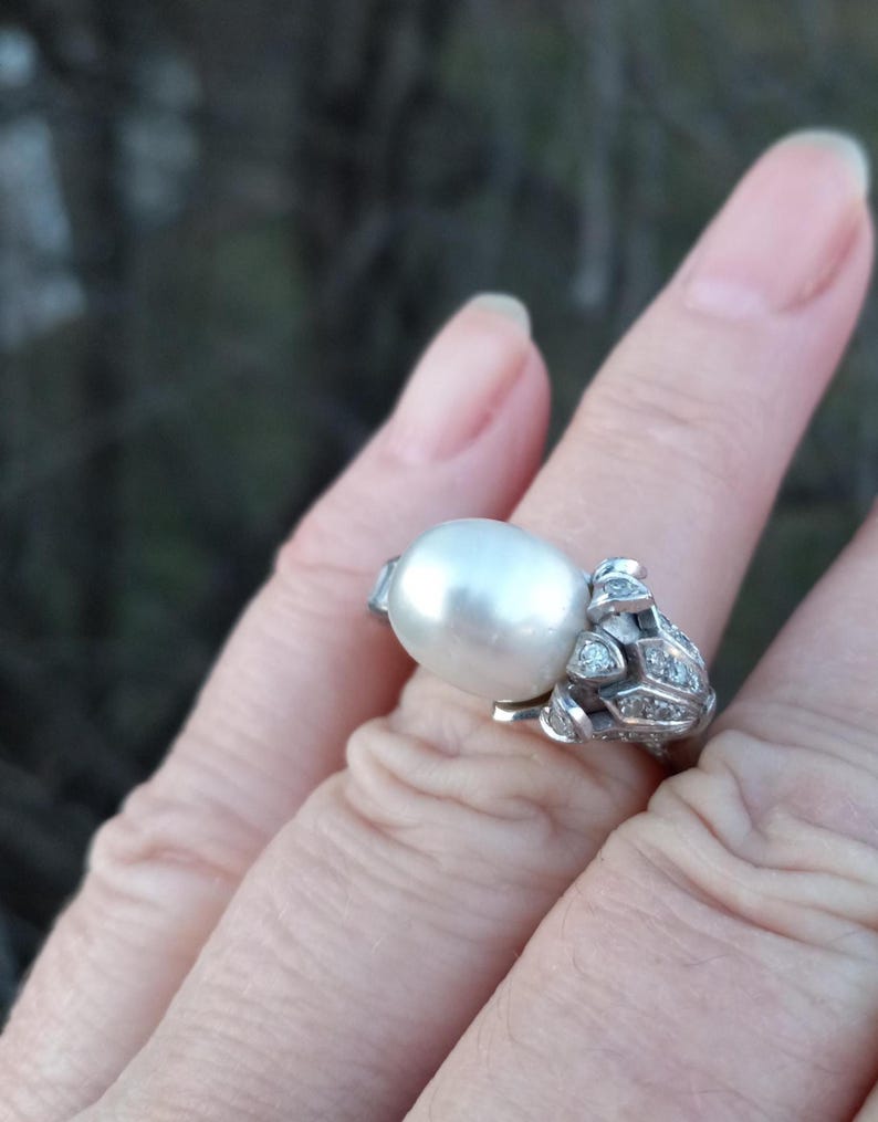 14k Gold Diamond Pearl Floral Design Wedding Engagement Cocktail Ring One Of A Kind zdjęcie 8