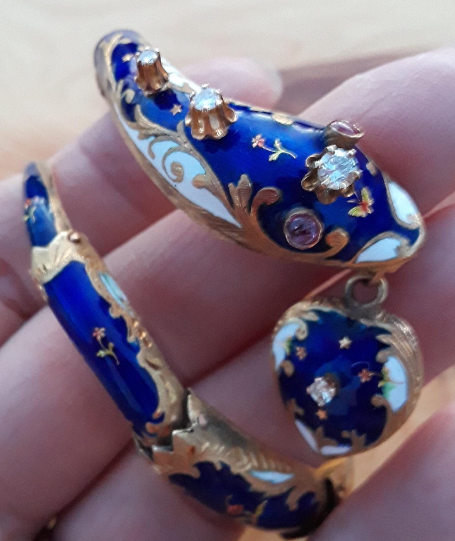 Victorian 14k Gold Diamond Blue Enamel Serpent Snake Holding Heart