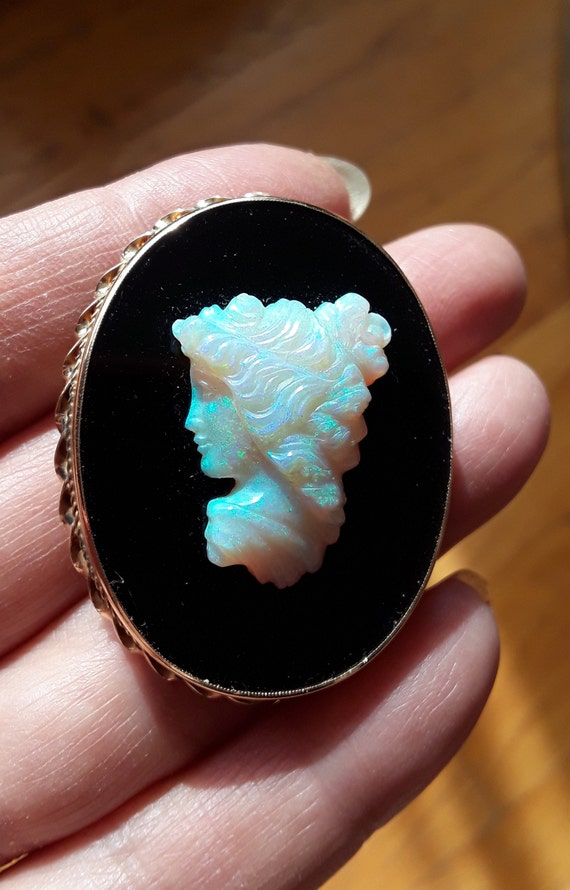 カメオ ルース オニキス×オパール Victorian 14k Gold Black Onyx Australian Opal Cameo Brooch