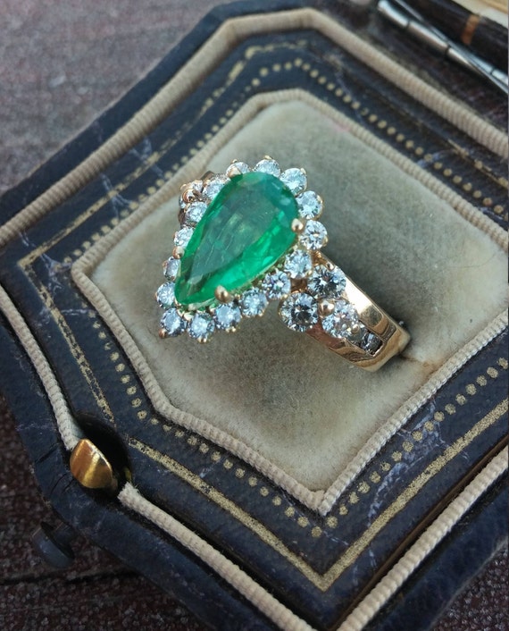 14k Gold 3ct Pear Shaped Columbian Emerald Diamon… - image 6