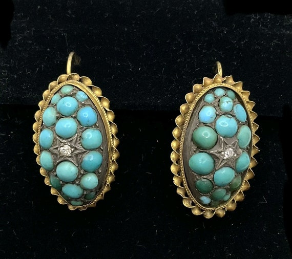 Victorian 15k Gold Diamond Turquoise Pave Earring… - image 2