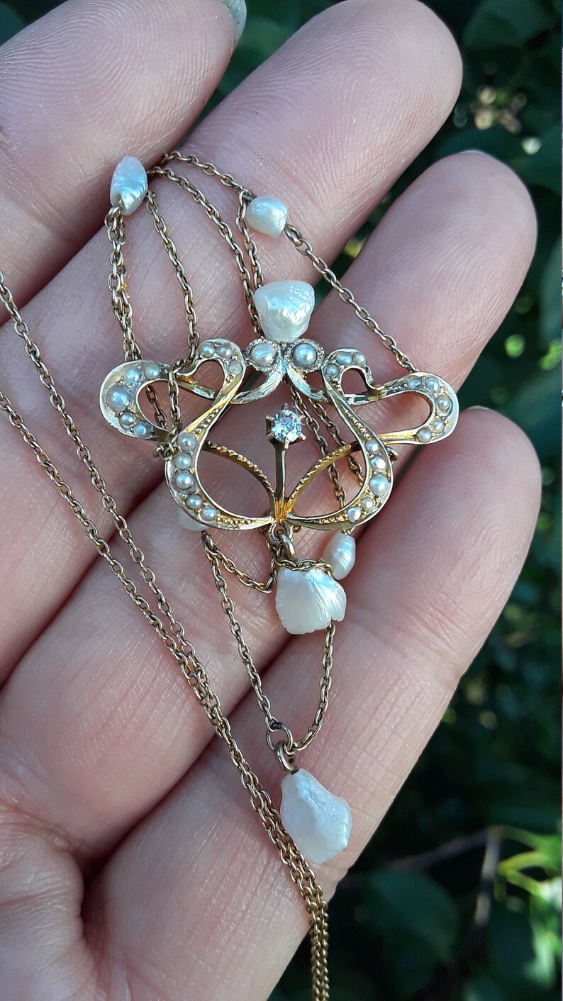 Art Nouveau 14k Gold Pearl Diamond Necklace Choker 15.5 Inches Fabulous ...