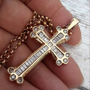 14k Gold 1.50ct Baguette Diamond Religious Pendant Cross