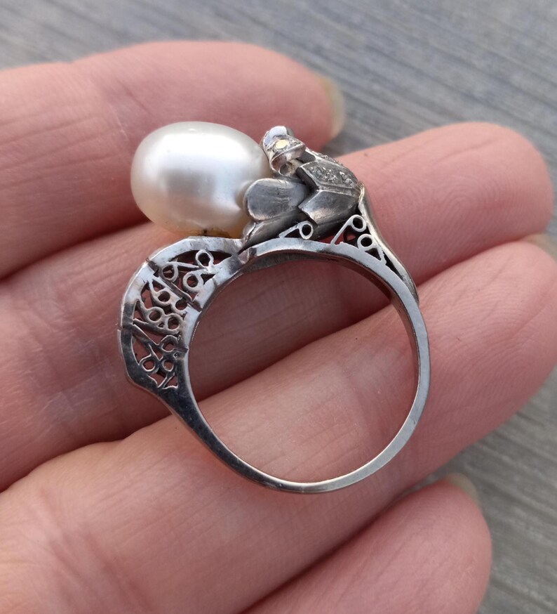 14k Gold Diamond Pearl Floral Design Wedding Engagement Cocktail Ring One Of A Kind zdjęcie 12
