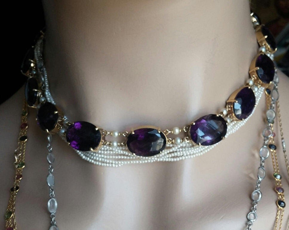 Art Nouveau 14k Gold 200ct Amethyst Seed Pearl Riviera Necklace and ...