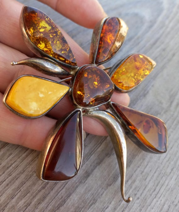 Silver Amber Large Flower Design Brooch Fabulous One Of A Kind