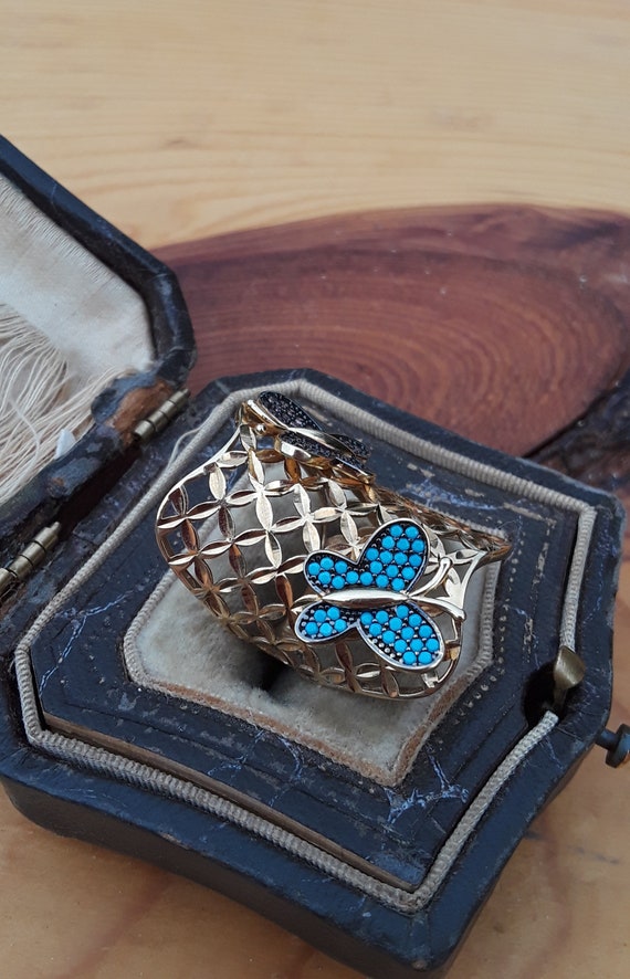 18k Gold Turquoise Smokey Topaz Butterfly Design … - image 2