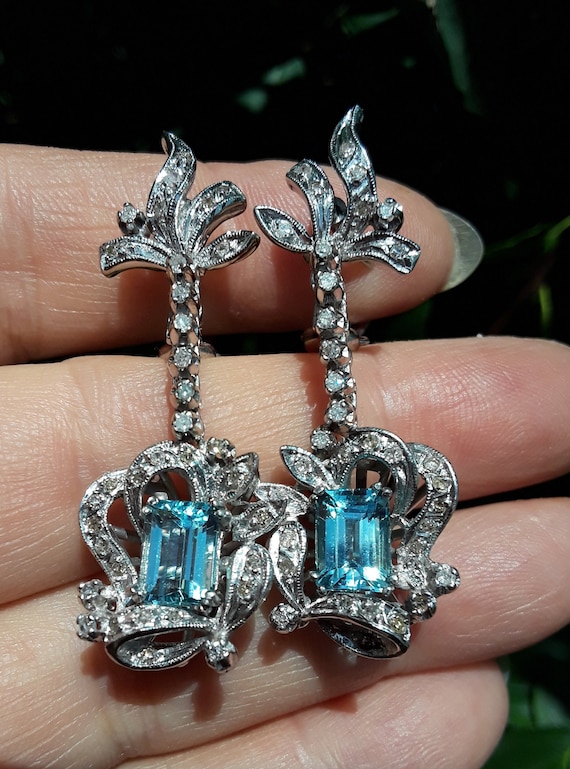 Special aquamarineペンデュラム✨ Vintage Palladium Diamond Aquamarine Dangle Earrings Exclusive One