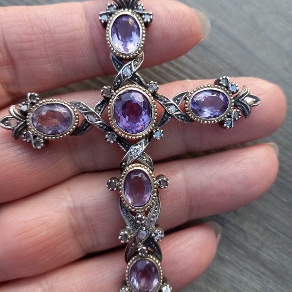 Georgian Gold Silver Rose Cut Diamond Amethyst Cross Pendant Exclusive Fabulous One Of A Kind