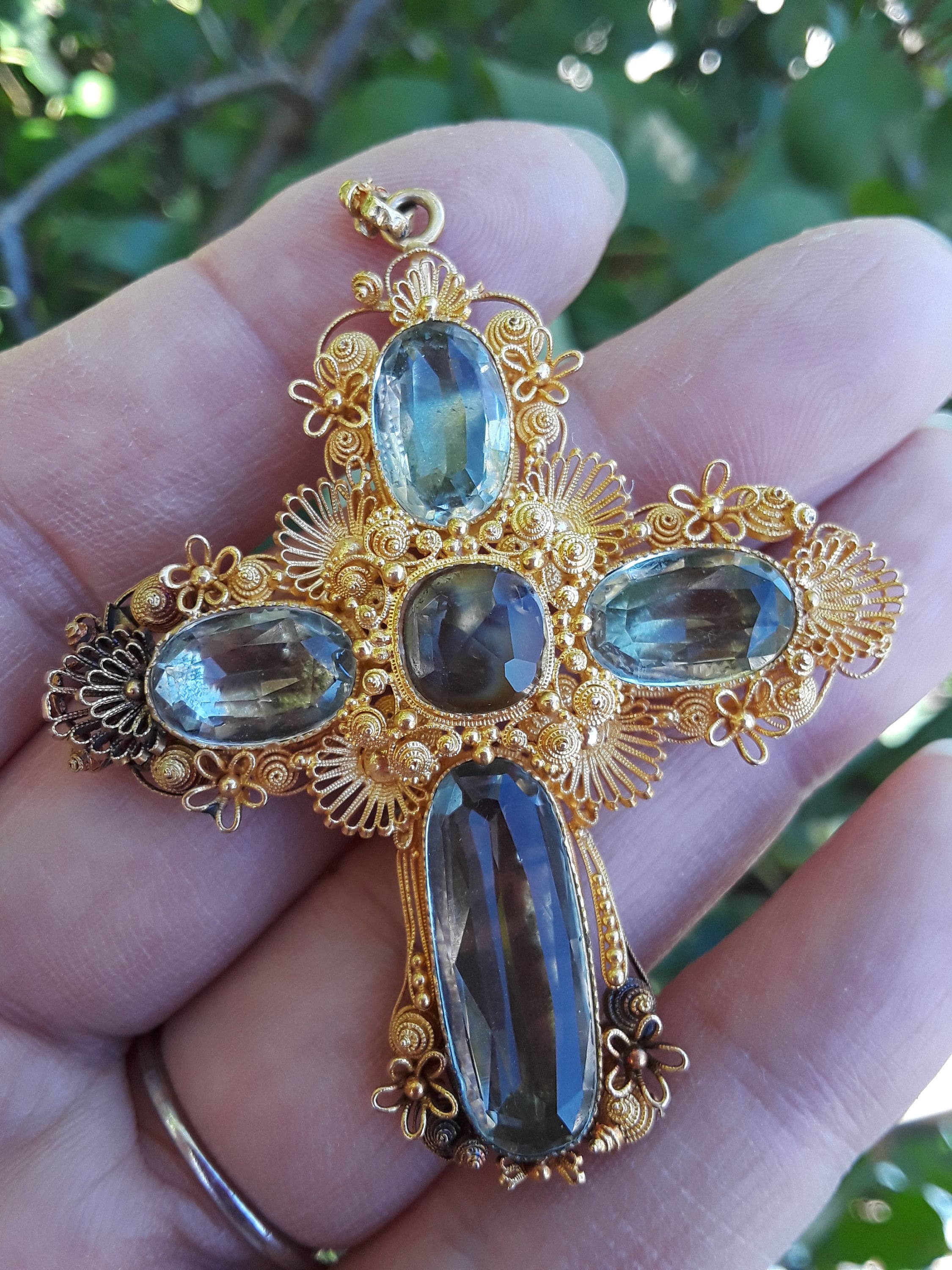 Georgian 22k Gold Cannetille Aquamarine Cross Pendant Brooch 17