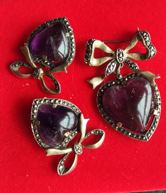 Victorian Silver Natural Amethyst Heart Bow Set Br