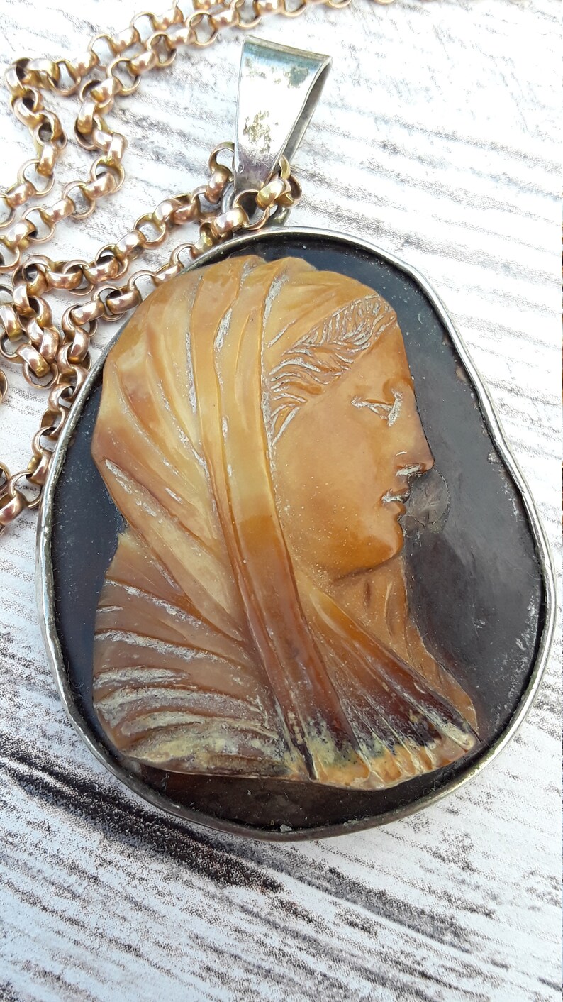 May include: A silver chain necklace with a cameo pendant featuring a carved profile of a woman in a brown and gold shell cameo. The cameo is set in a silver oval frame.