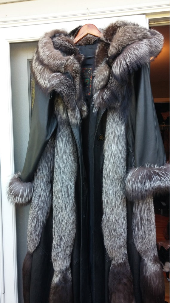 Silver Black Fox Leather Fur Coat L