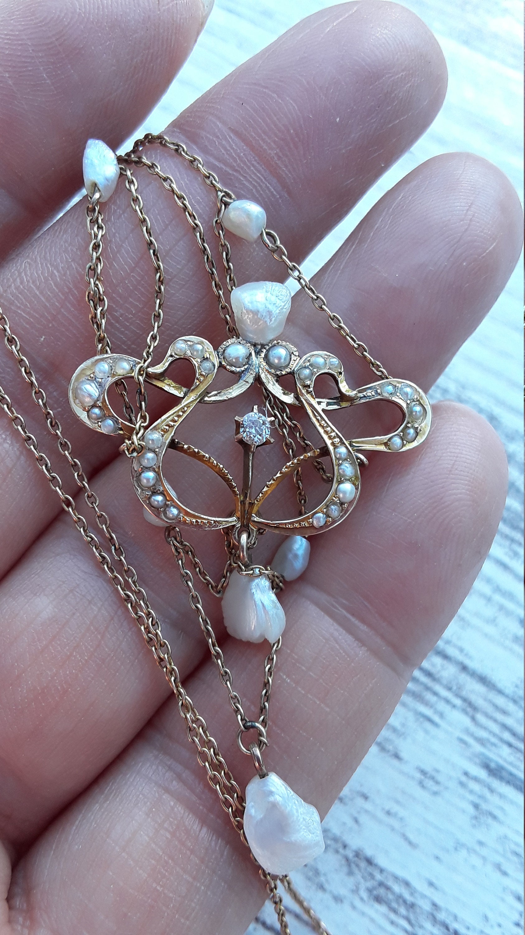Art Nouveau 14k Gold Pearl Diamond Necklace Choker 15.5 Inches Fabulous ...
