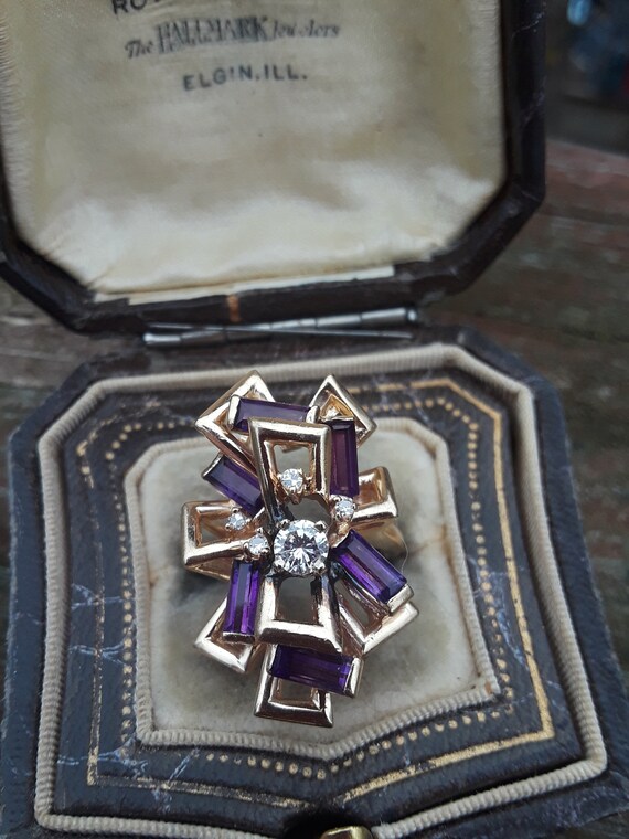 14k Gold Diamond Amethyst Modern Ring Wedding Eng… - image 9